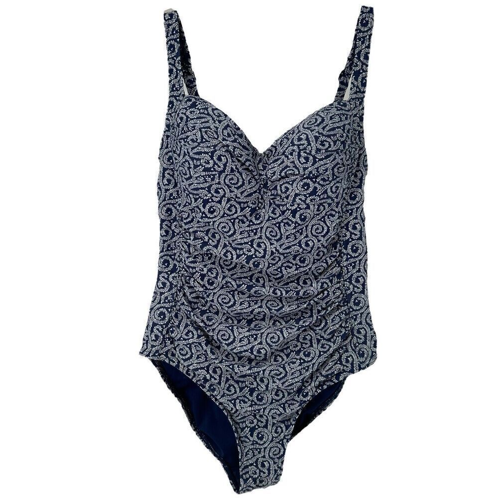 Nip Tuck Swimsuit One Piece Size 6 Slimming Ruched Navy Blue Vine Swirl Classic
